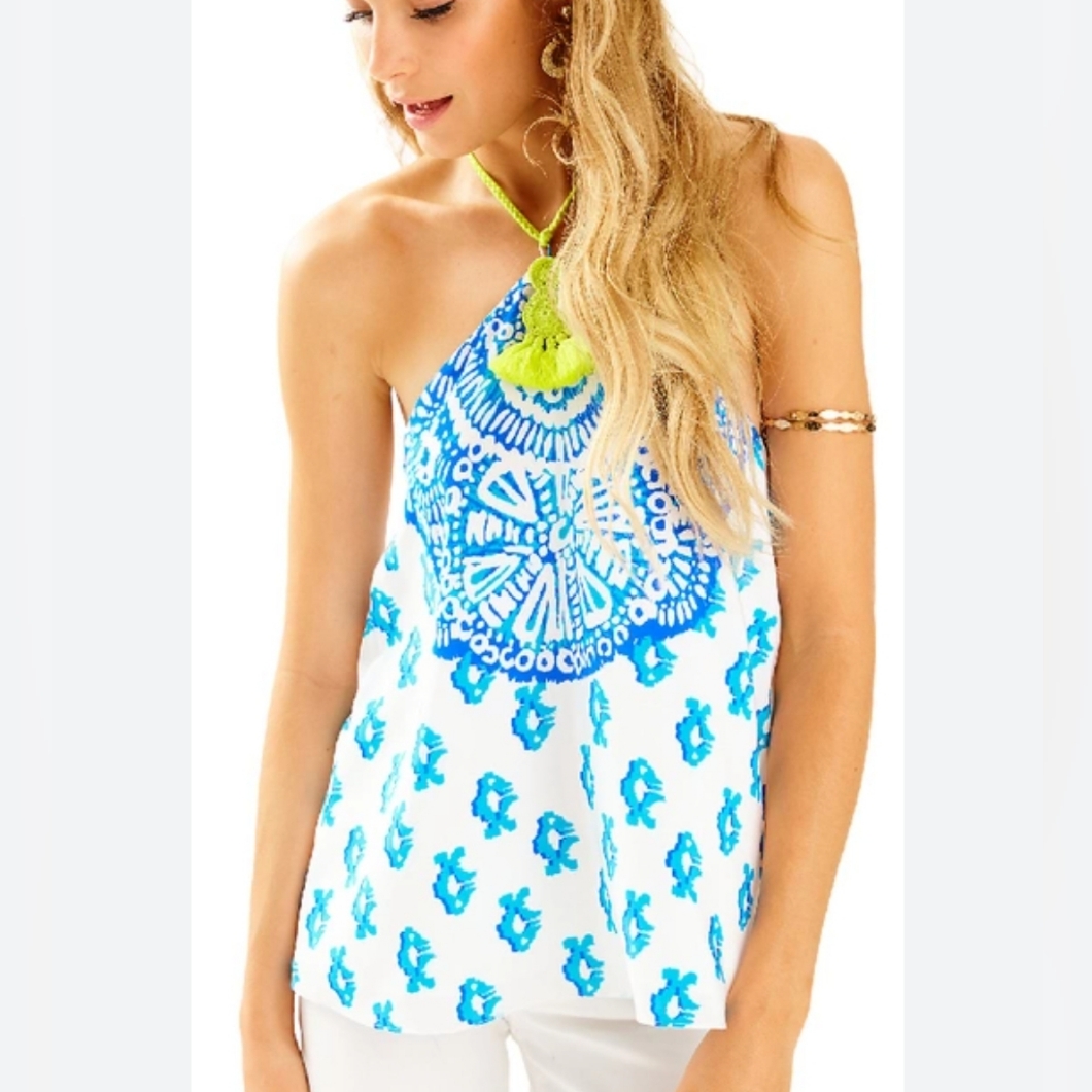 Lilly Pulitzer Selin Silk Halter Top In Resort White To The Sea Engineered Top